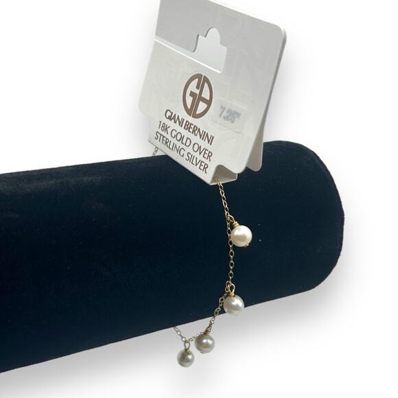 NWT Macy's Cultured Pearl Dangle 18K Gold Sterling Silver Bracelet Ivory White - Picture 2 of 11